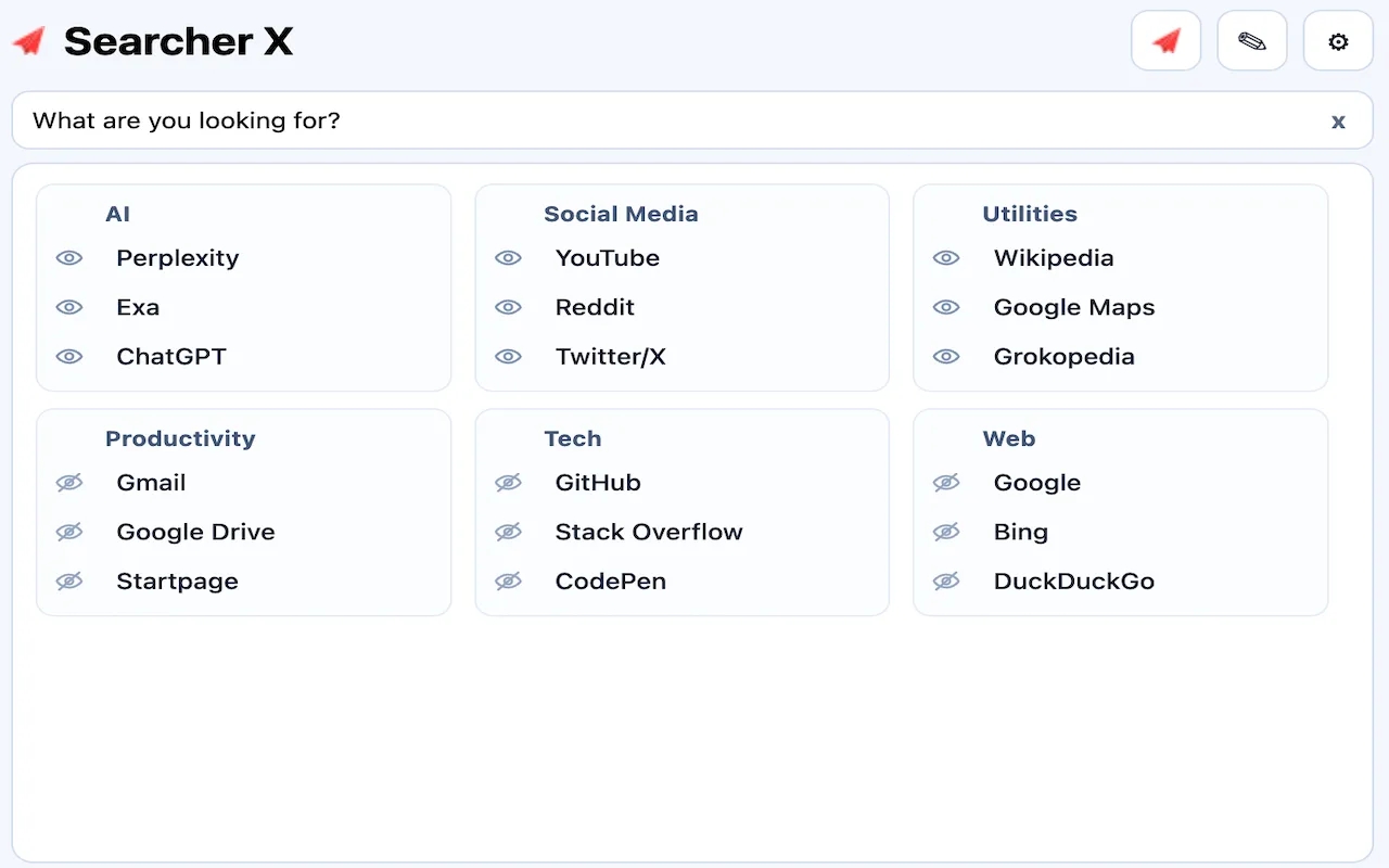Searcher X multi-engine search panel screenshot