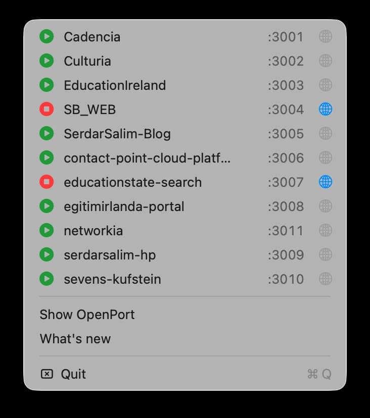 OpenPort menu bar — name, port, and a globe button per app