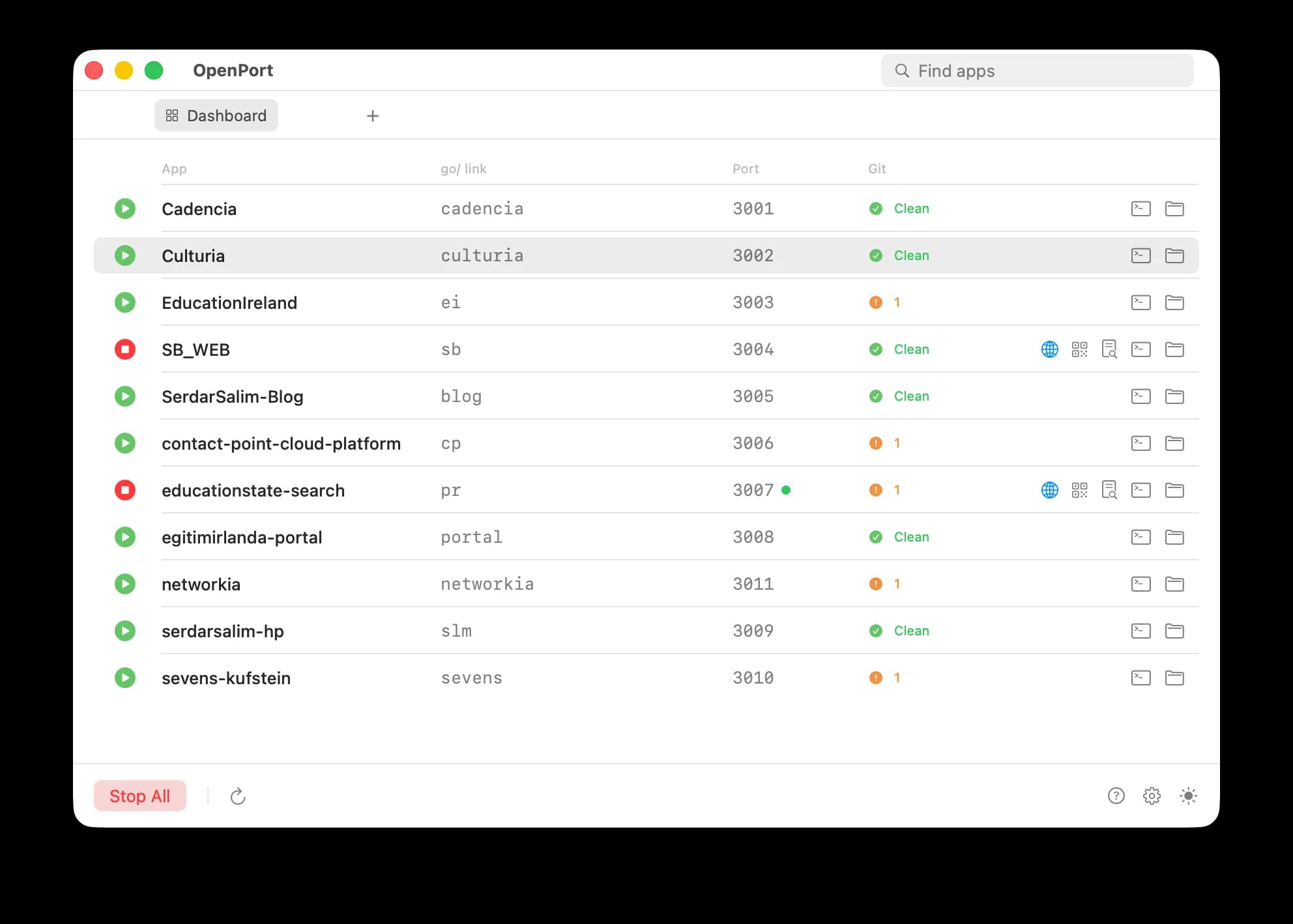 OpenPort dashboard — every dev server in one window