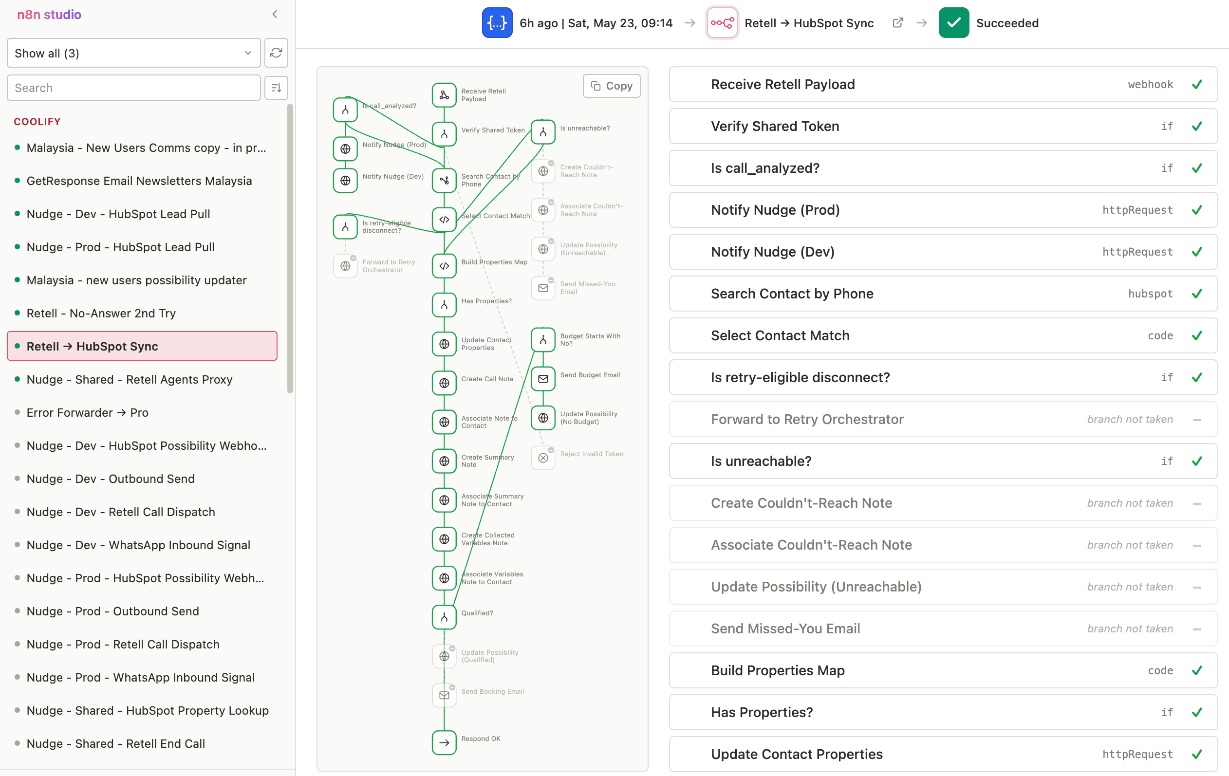 n8n Studio interface — workflow graph, resolved parameters, input, output, and execution status on one screen