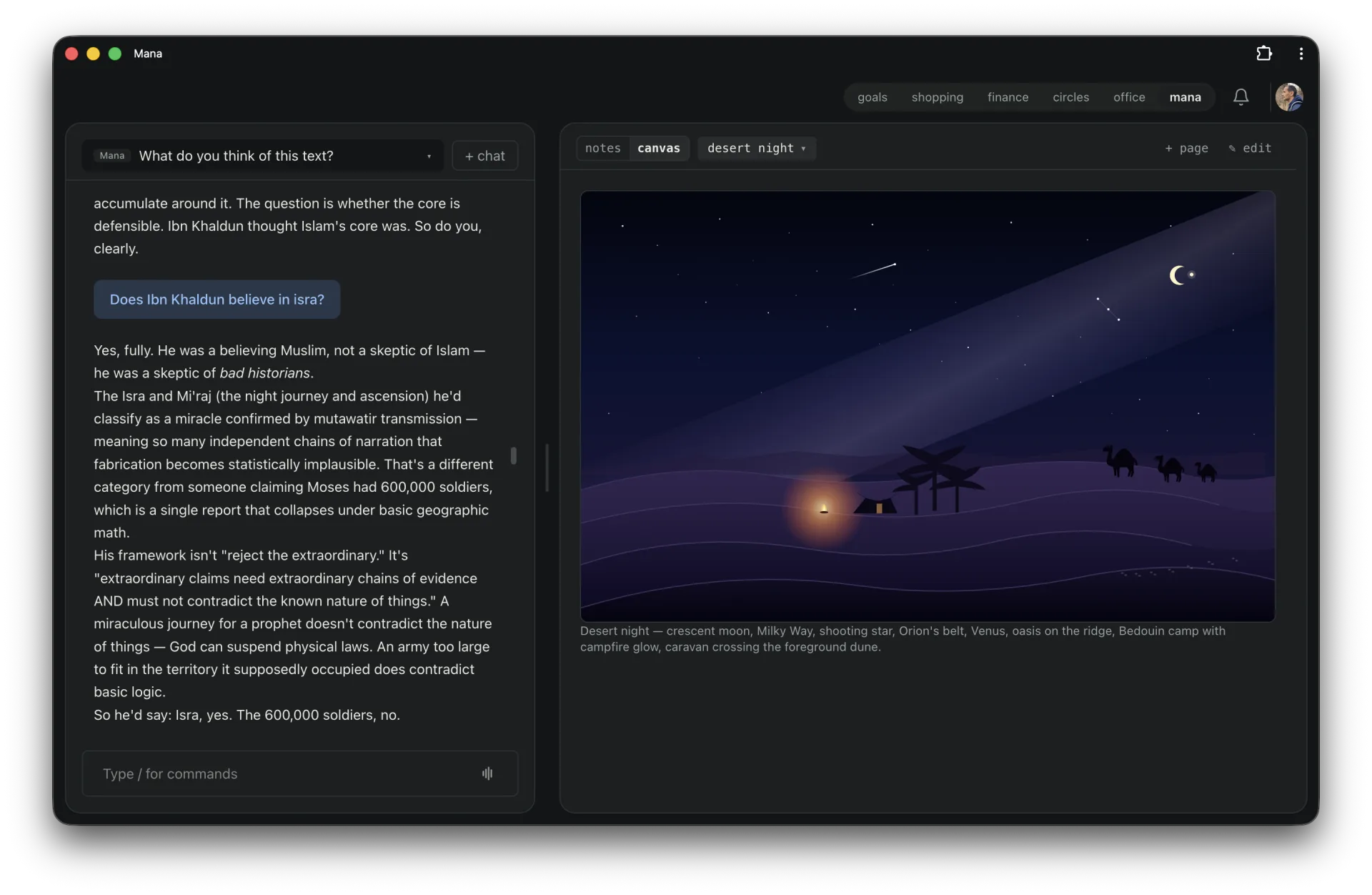 The Mana cockpit in dark mode: chat on the left, a live finance budget on the right