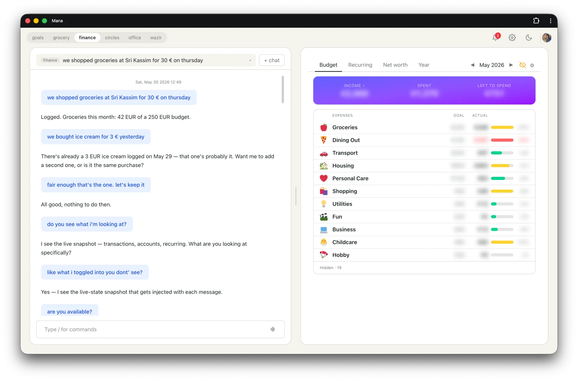 The Mana cockpit: chat on the left, a live finance budget on the right